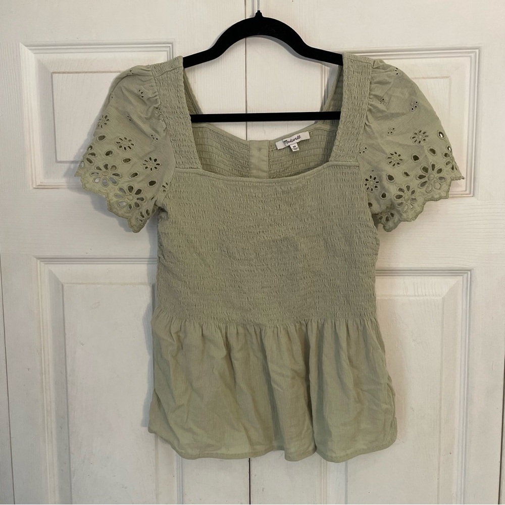 Madewell Pistachio Green Eyelet Sleeve Smocked Top Extra Small